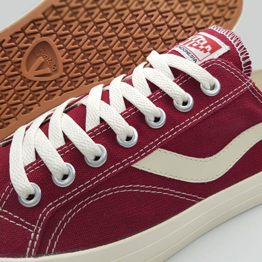 Detail upper canvas, jahitan, dan outsole sepatu Ventela
