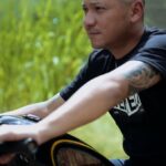 Gading Marten on his motorcycle, the Ventela All Is Well collaboration