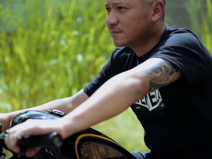 Gading Marten on his motorcycle, the Ventela All Is Well collaboration